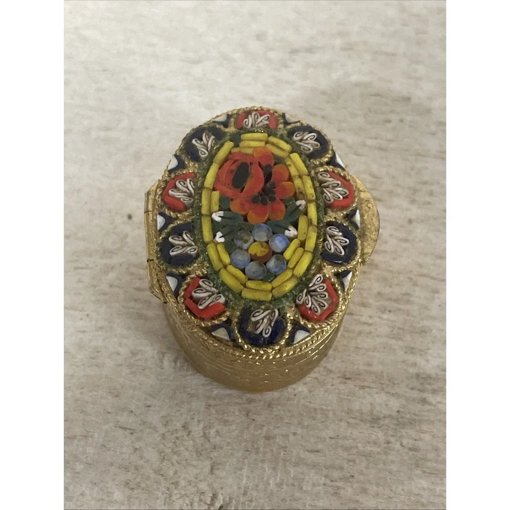VTG  Italian Micro Mosaic Floral Brass Pill Box - Marked 